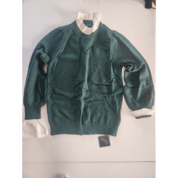 Zaful Green Mock Neck Ruffled Sleeve Sweater Women Knit Top - Picture 1 of 10